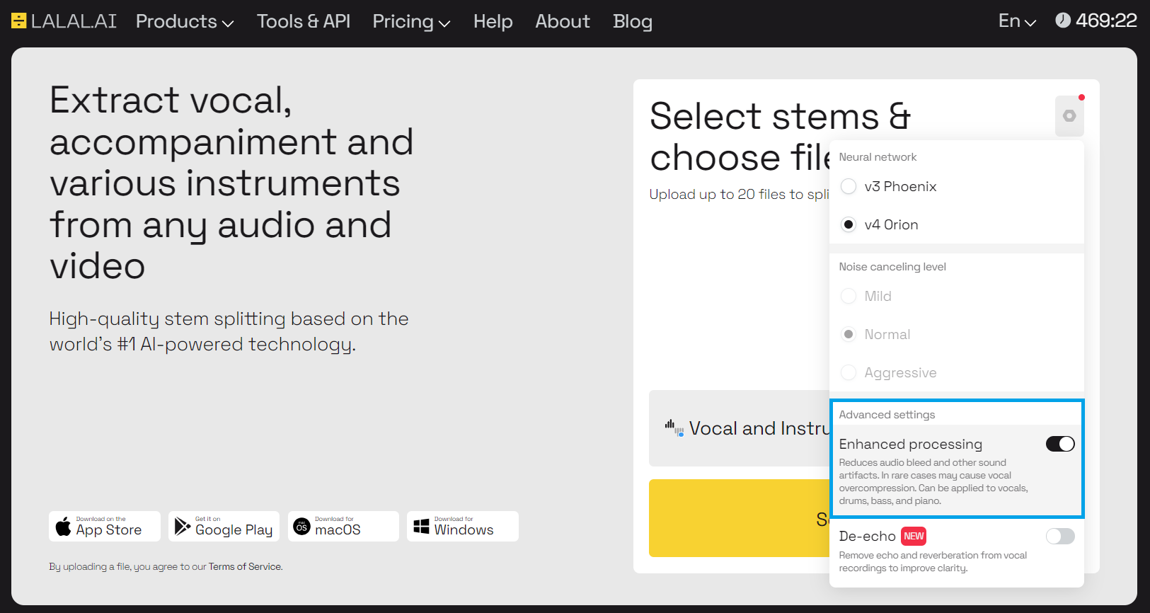 New LALAL.AI Features: Enhanced Processing & Noise Canceling